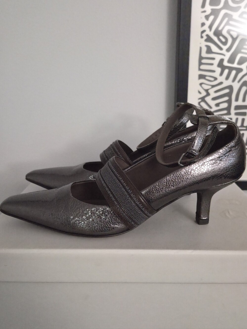 Brunello Cucinelli Metallic Gray Kitten Heels with Ankle Strap Size 6.5